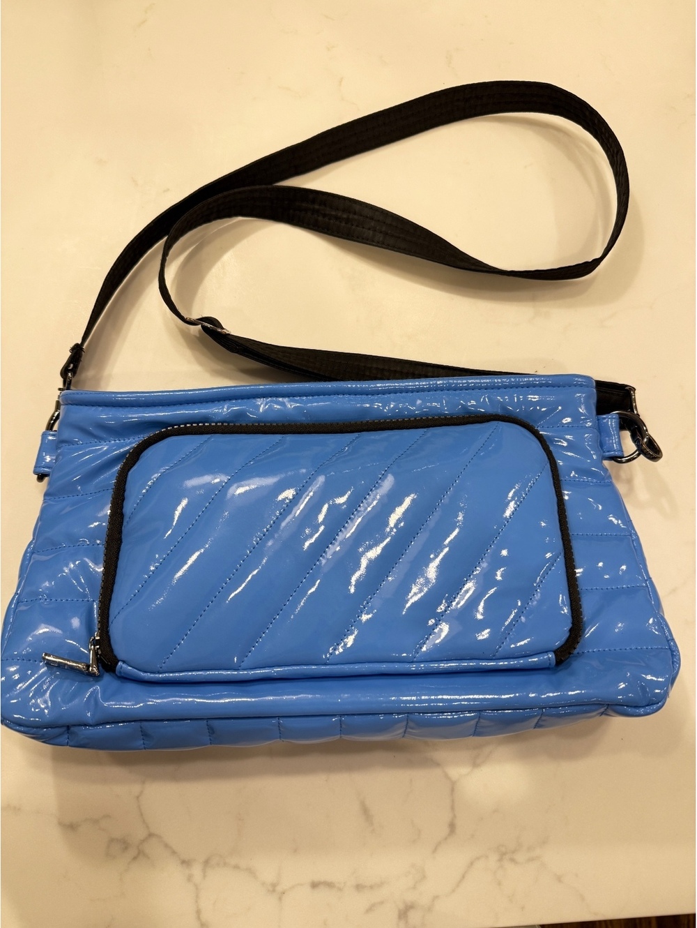 Think Royln Blue Patent Leather Crossbody Bag with Black Strap